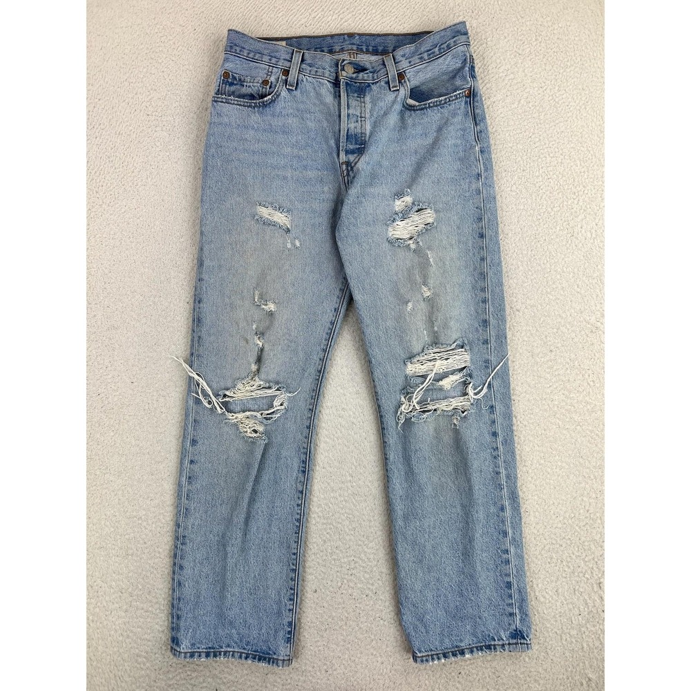 Levis Premium 501 90's Jeans Womens 28 Blue Distressed Denim Button Fly